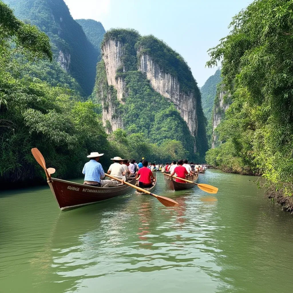 Tourists enjoying a boat ride in Trang An