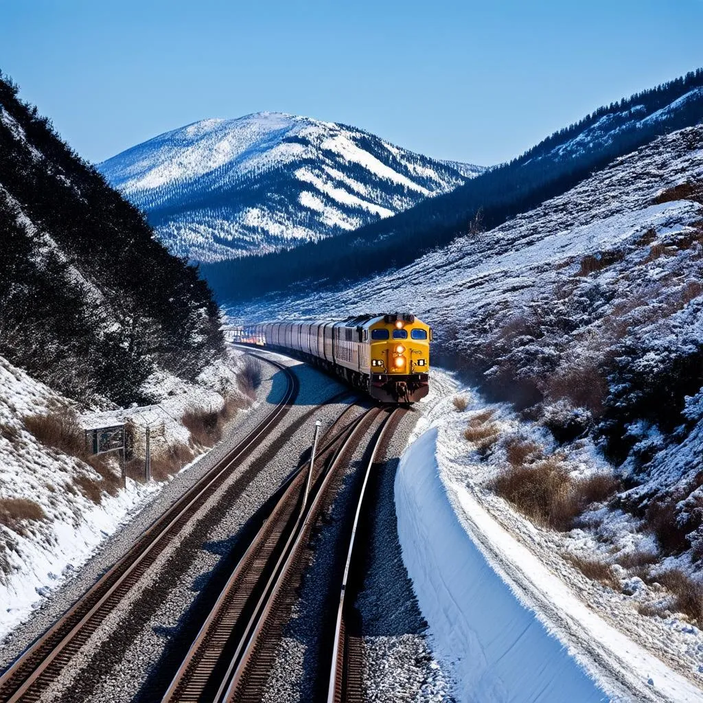 The Trans-Siberian Railway traveling through a mountainous region.