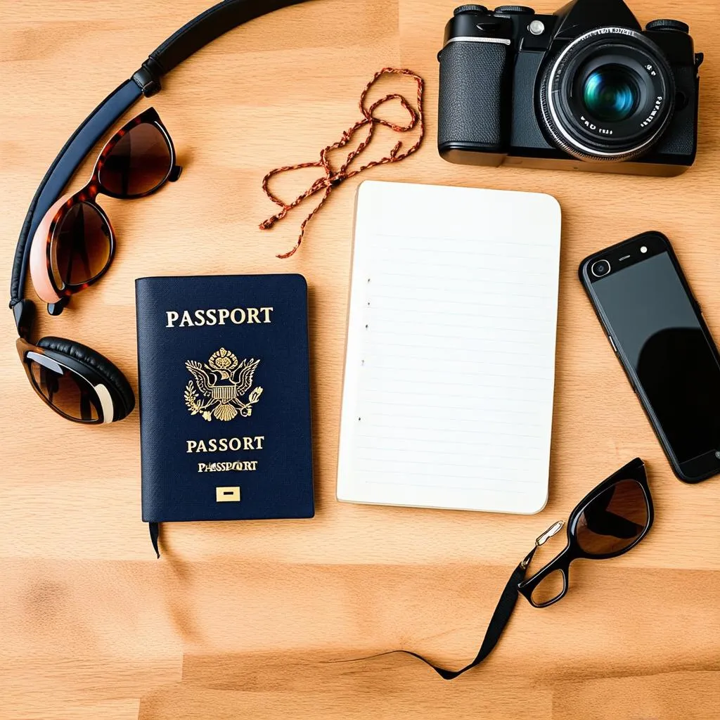 Essential travel accessories arranged on a wooden table.