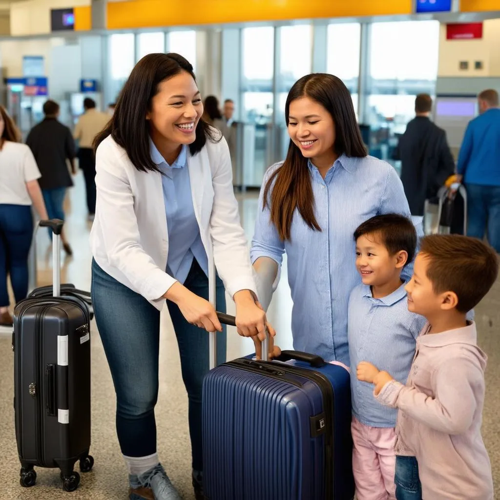 A travel advisor assisting clients at the airport