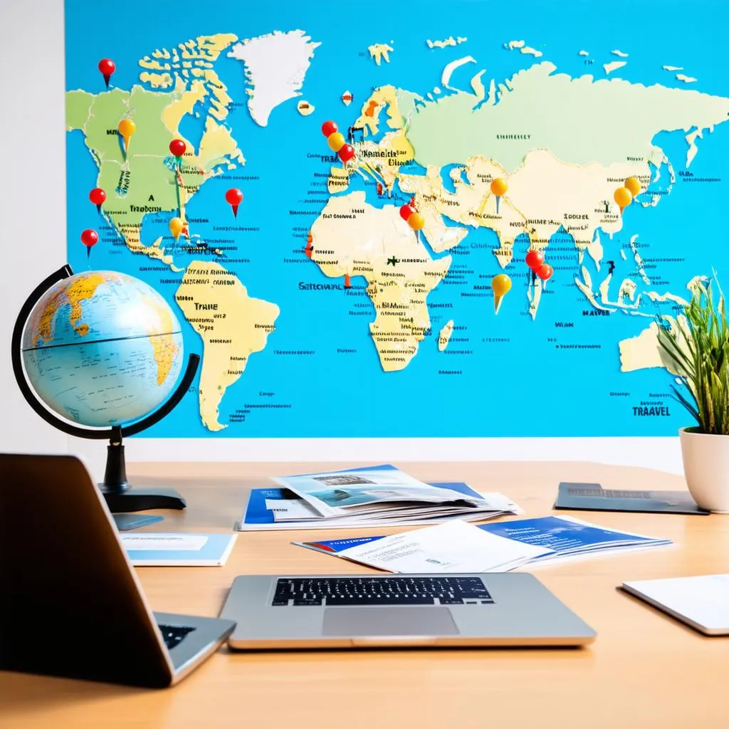 modern travel agency office with world map