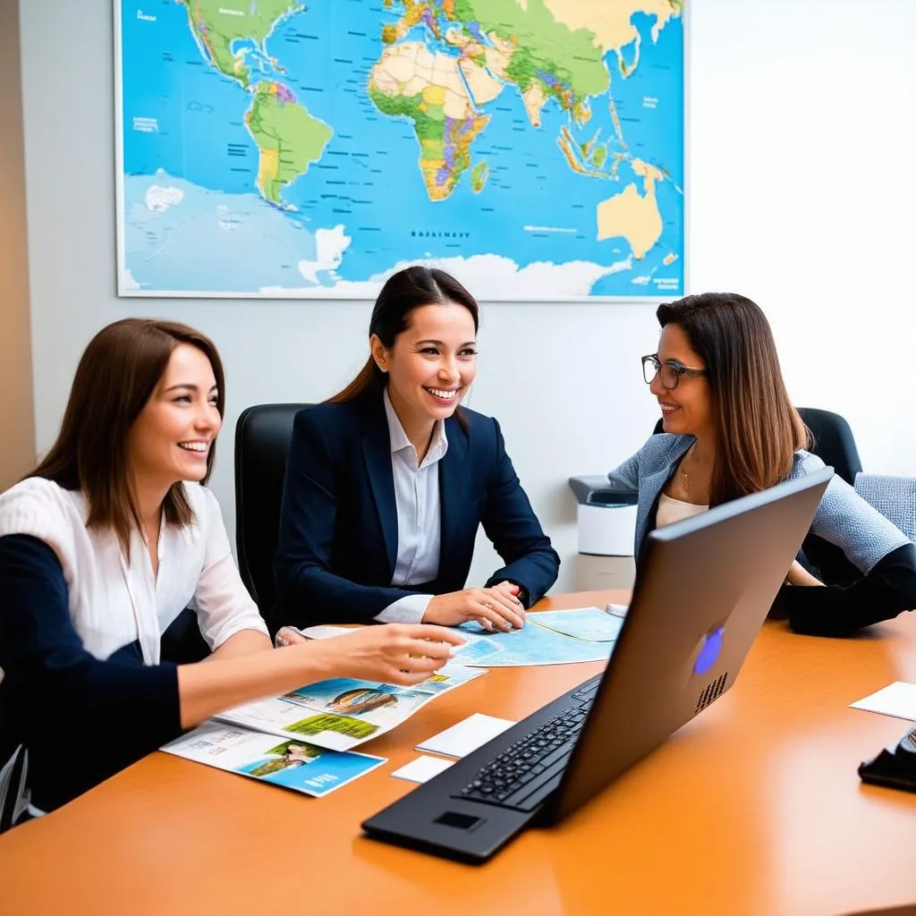 Travel agent consulting clients at desk