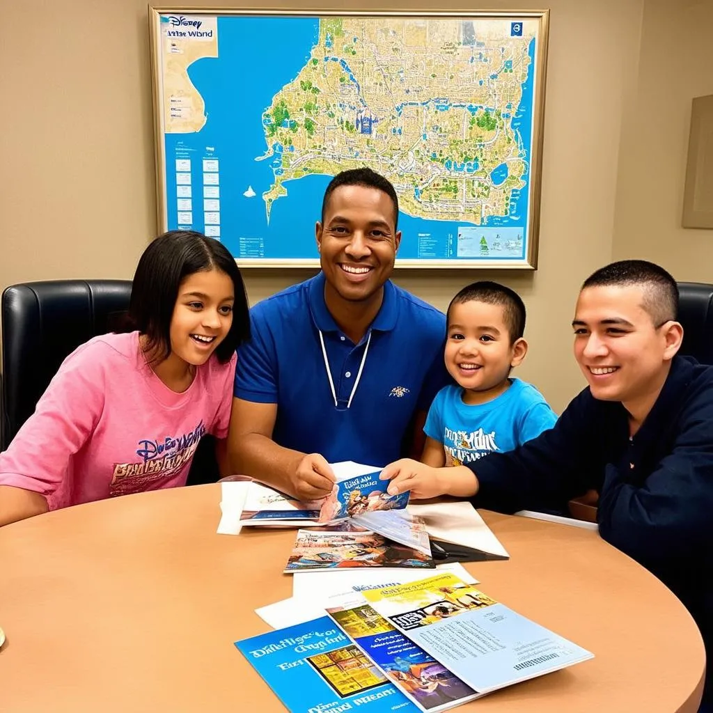 A travel agent discusses Disney trip options with a family.