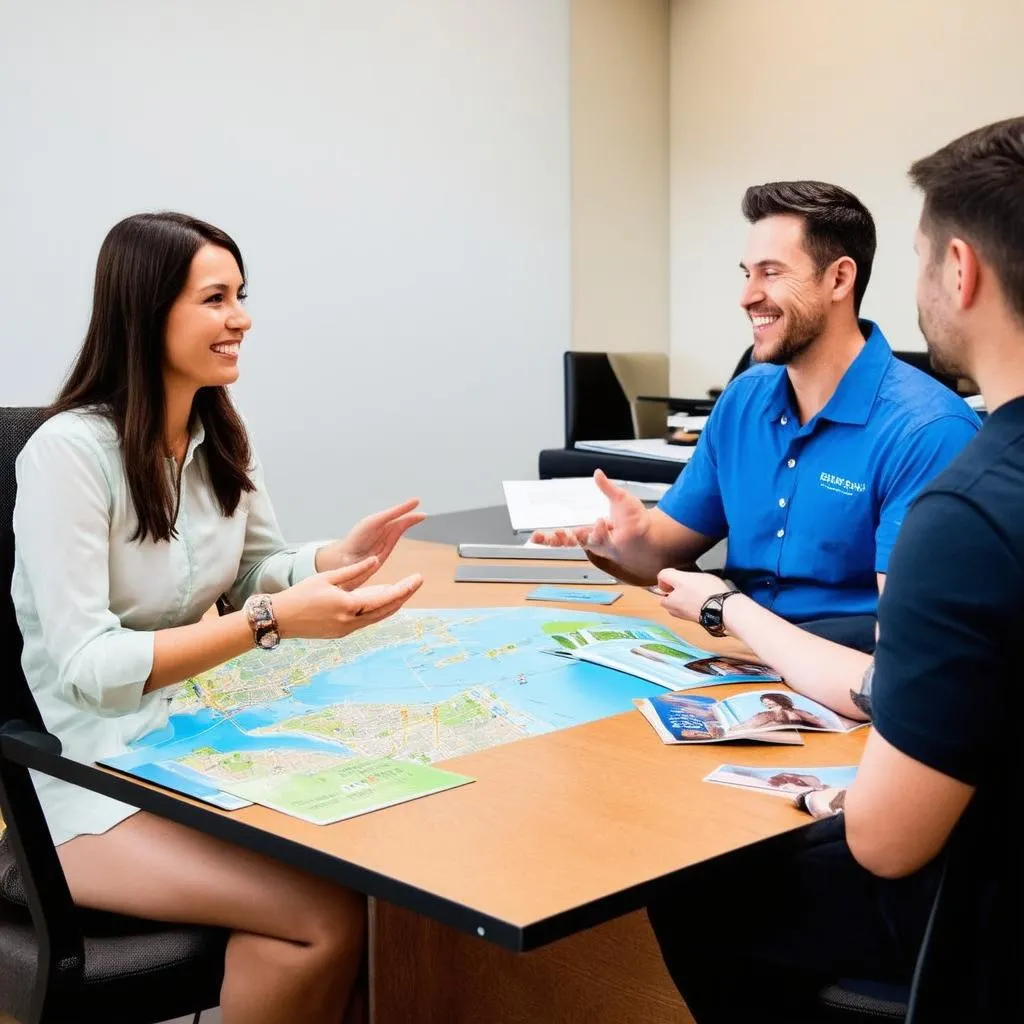 smiling travel agent discussing travel plans with a happy couple