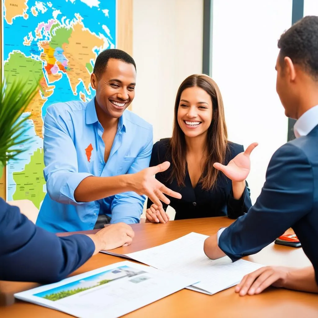 travel agent helping clients with a world map in the background