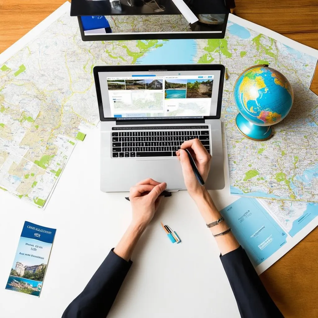 travel agent working on a laptop with maps and travel brochures