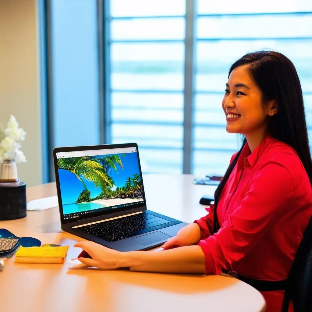 A travel agent researching destinations for a client using a laptop.