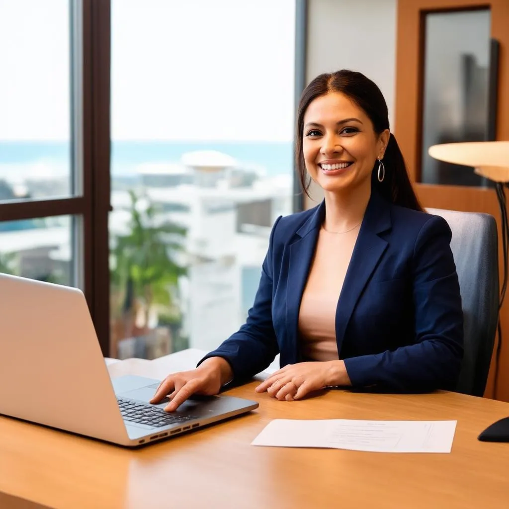 Travel agent working on laptop