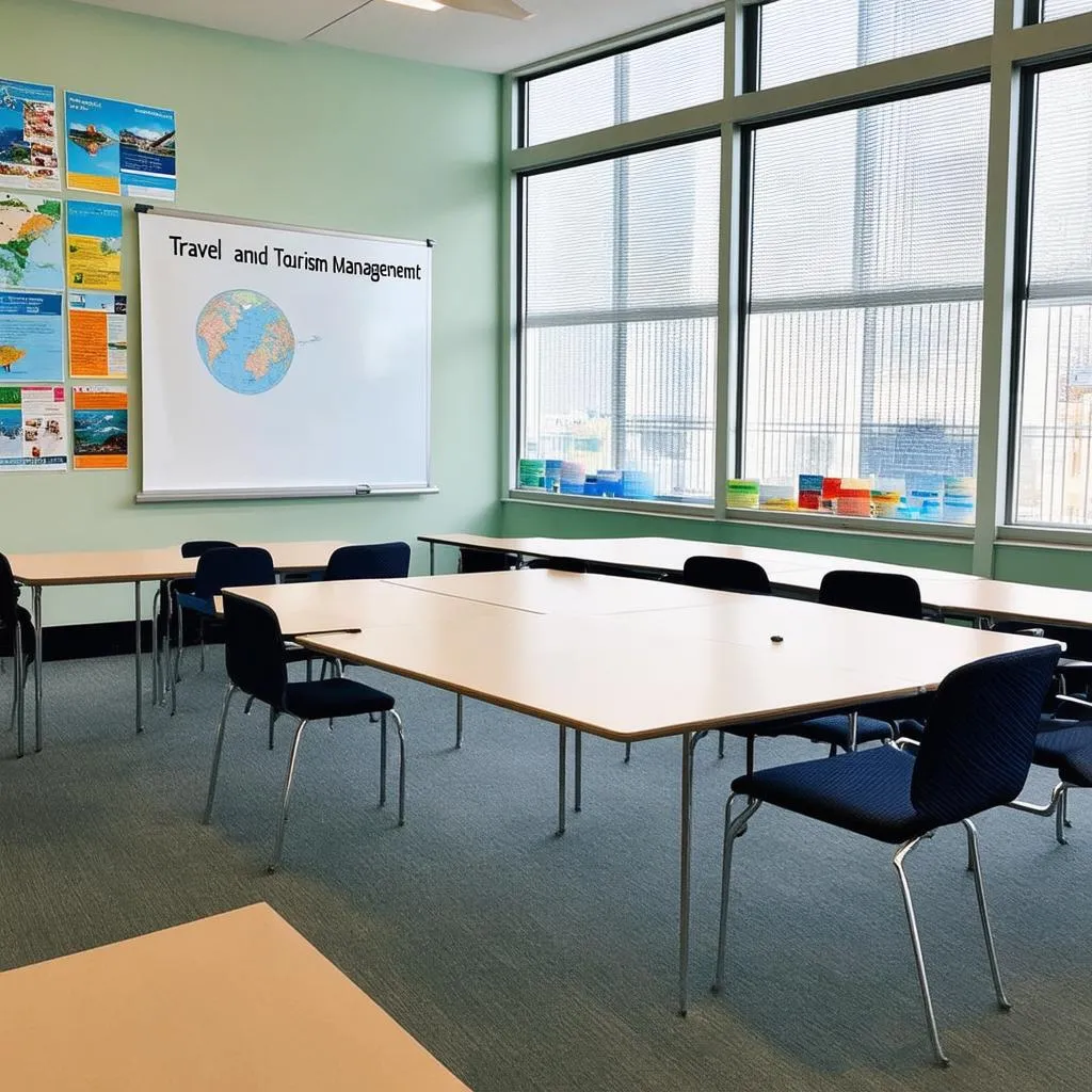 Modern classroom with map and travel posters