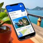 Travel app on a smartphone with a background of popular landmarks in Vietnam.