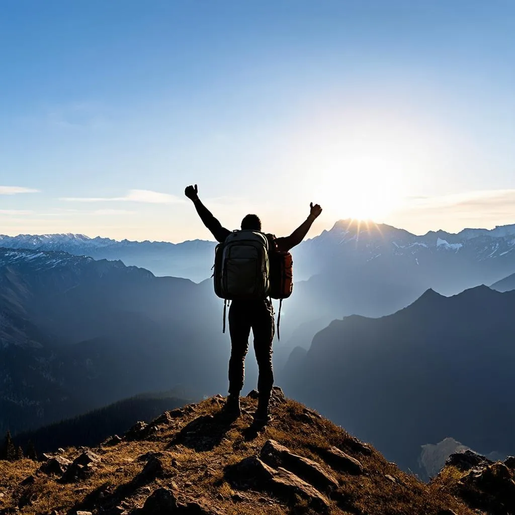 hiker with backpack overlooking mountains