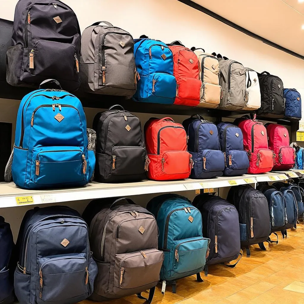 travel backpacks on display