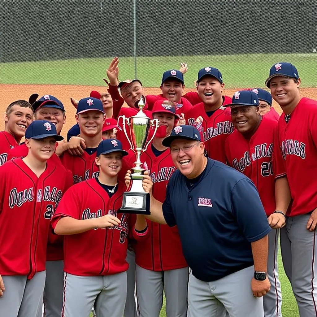 Travel baseball team celebrating victory