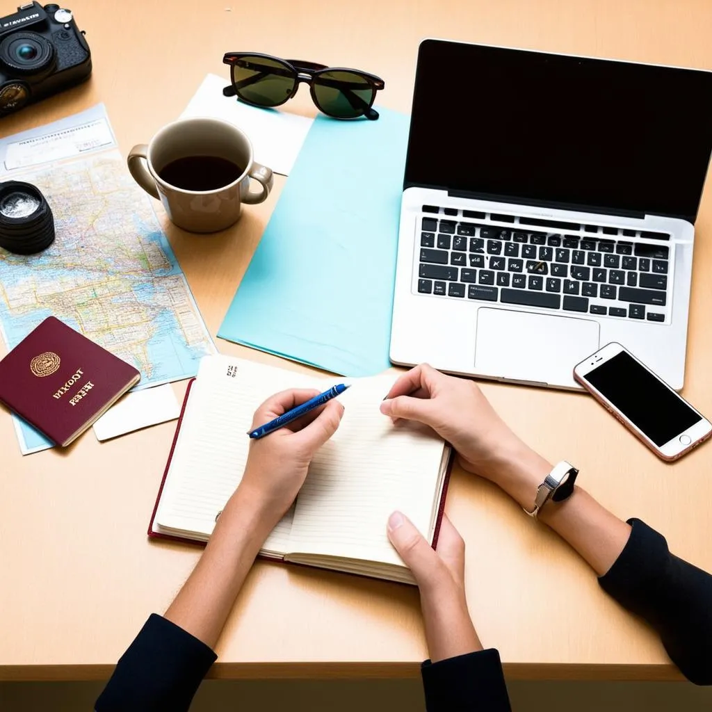 person-writing-in-notebook-with-laptop-and-phone-on-table-with-travel-items