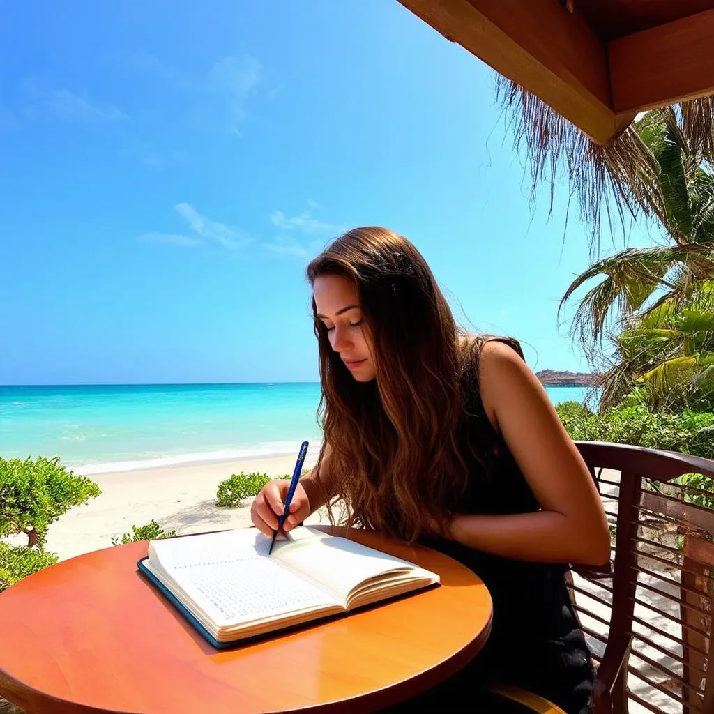 Woman Writing in Notebook at Beach