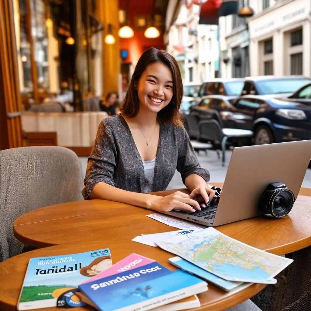 travel blogger working on laptop