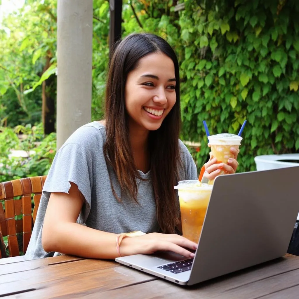 Travel Blogger Working on Laptop in Tropical Cafe