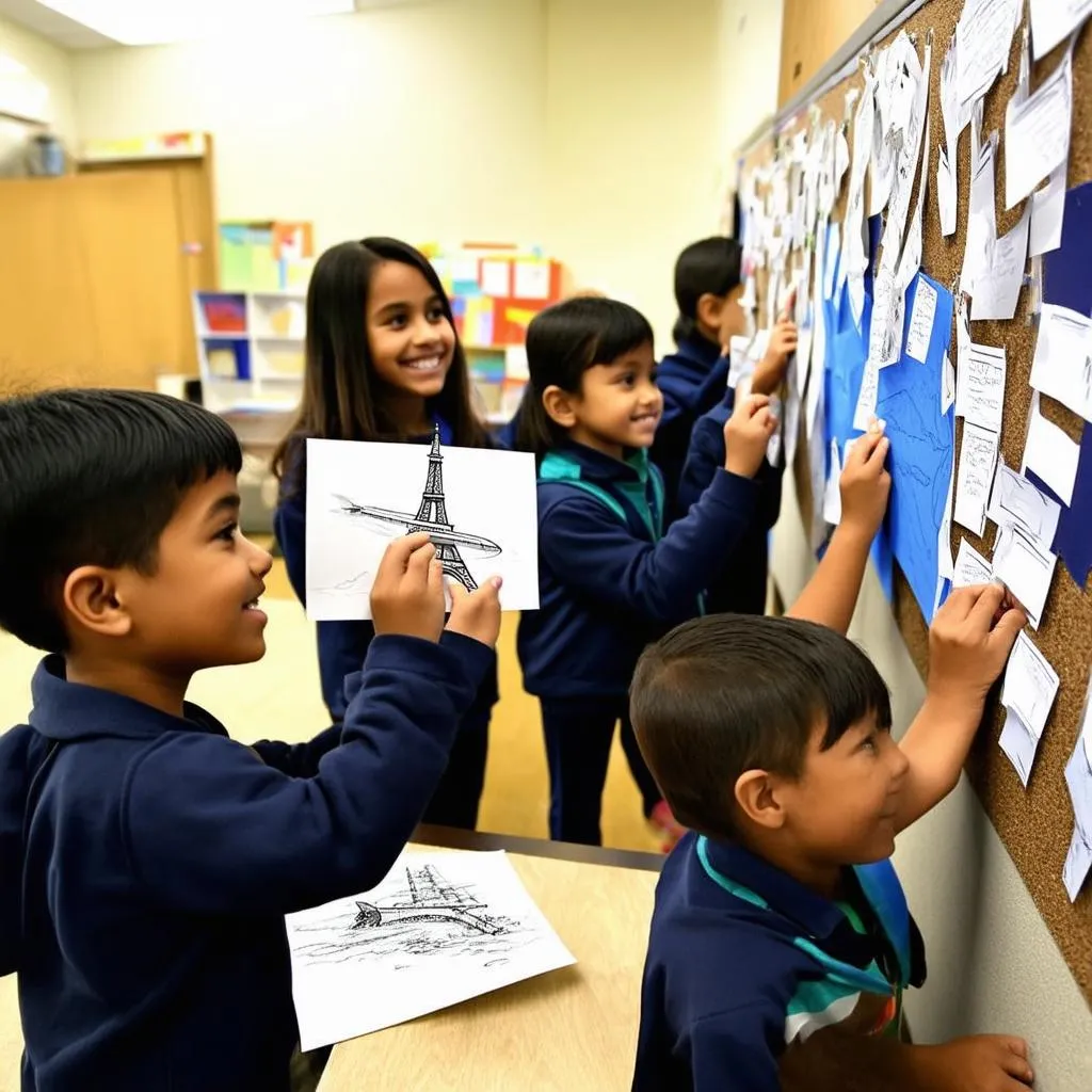 Children Creating a Travel Bulletin Board