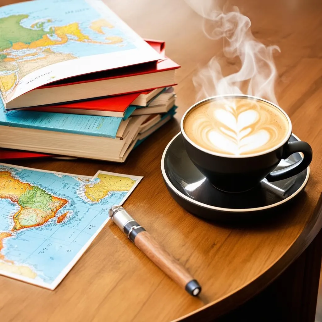 Travel books and a map on a table