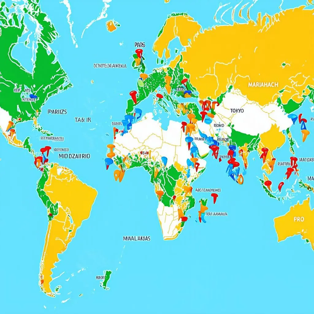 World map with push pins marking various destinations