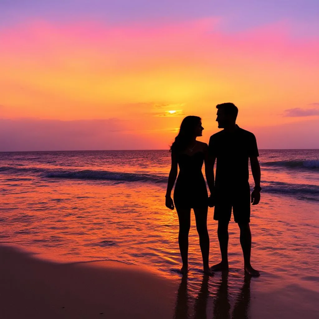 Couple watching sunset on the beach