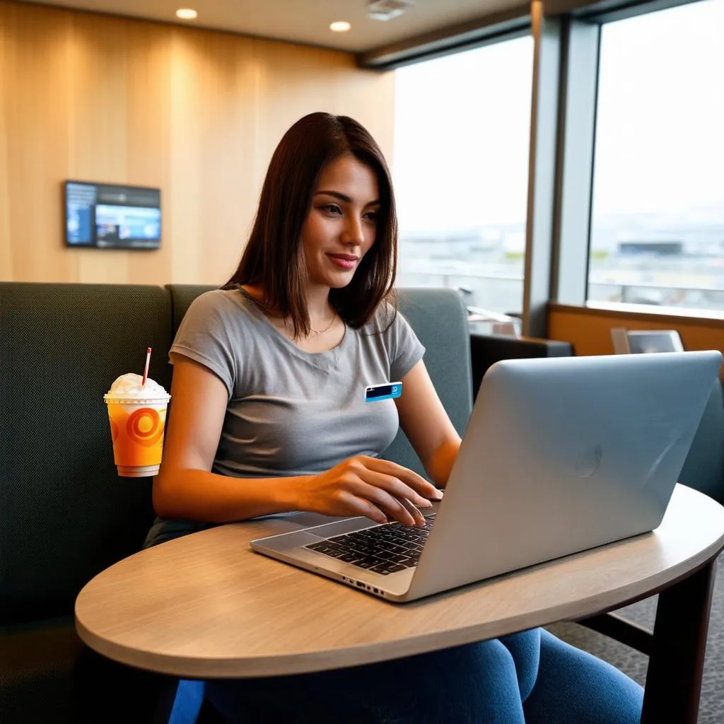 Woman Relaxing in Airport Lounge with Credit Card