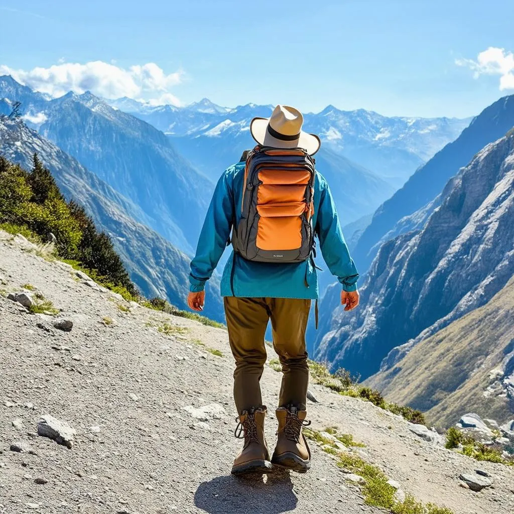 Travel doctor trekking in the mountains with medical supplies