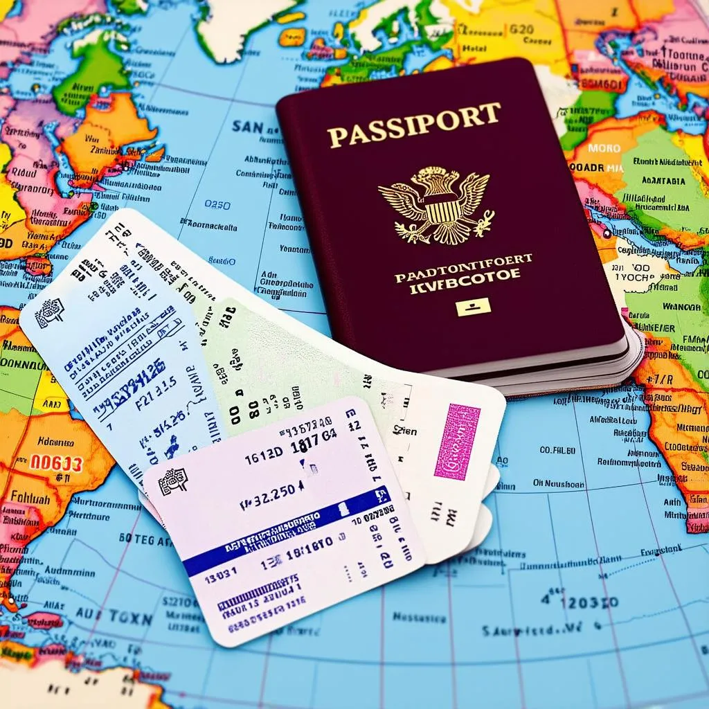 Travel Documents: Passport and tickets on a world map