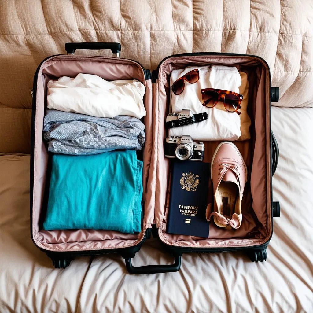 Suitcase packed with clothes and travel essentials