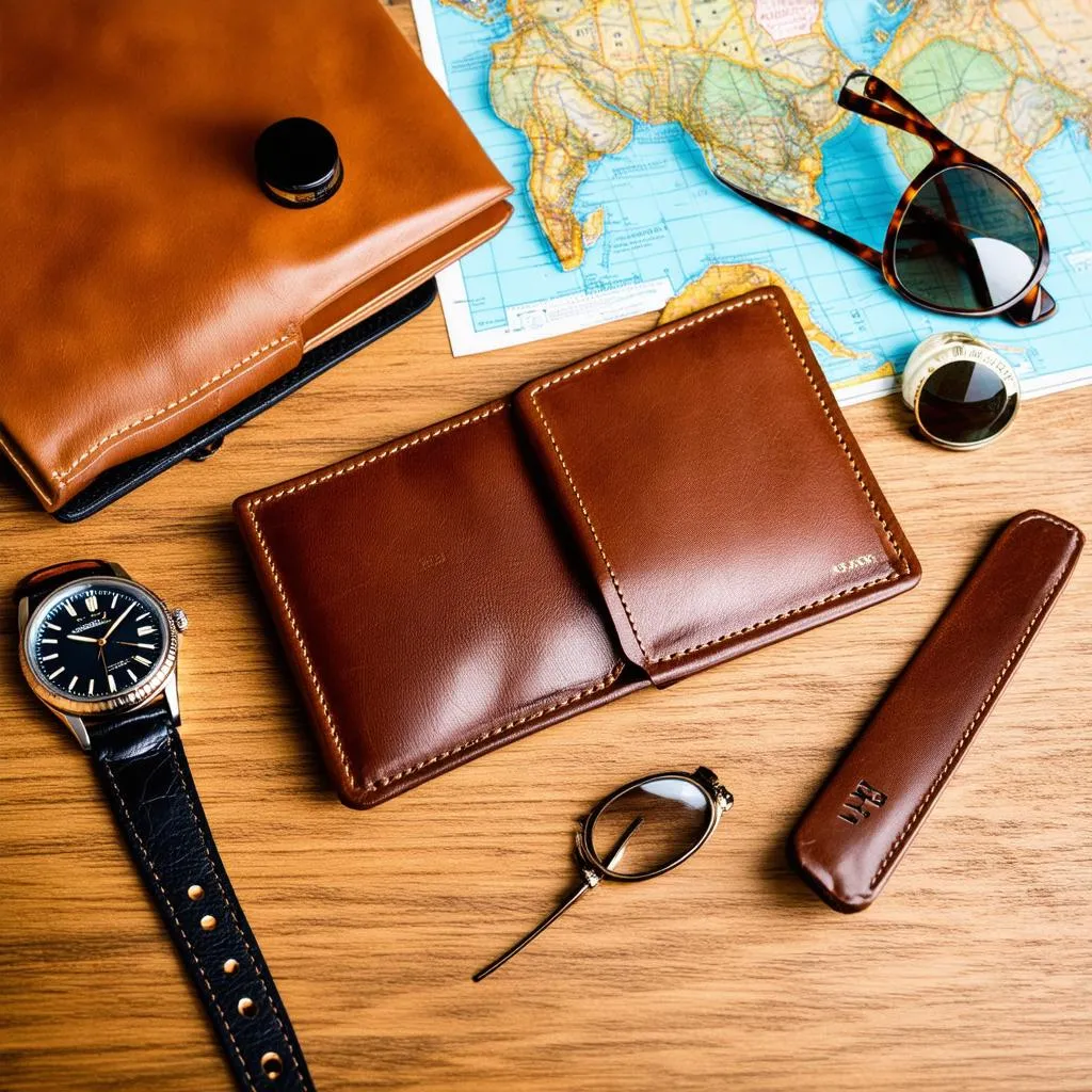 Travel essentials laid out on a wooden table.