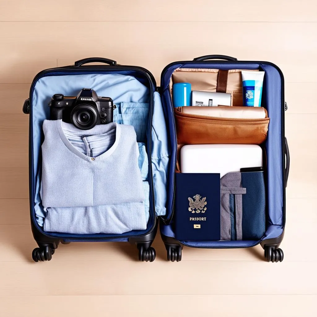 Travel essentials neatly arranged in a suitcase.