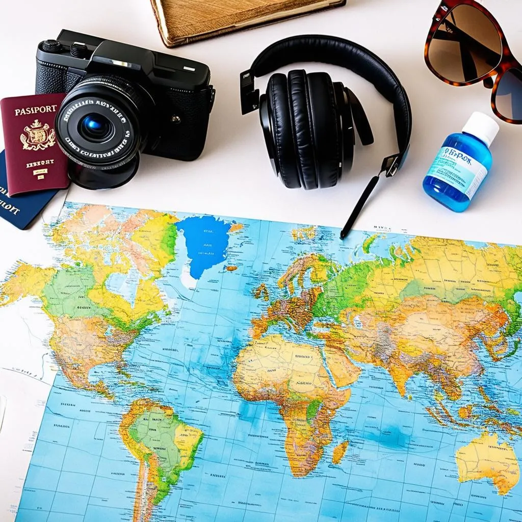 travel essentials on a map