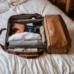 Travel essentials neatly arranged in a weekender bag