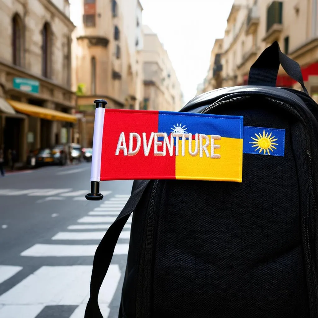 travel flag, backpack, adventure