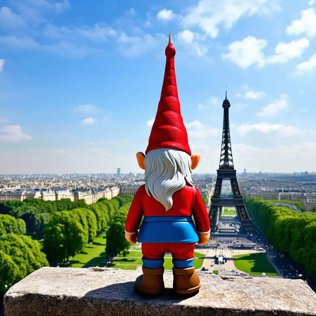 travel gnome at the eiffel tower