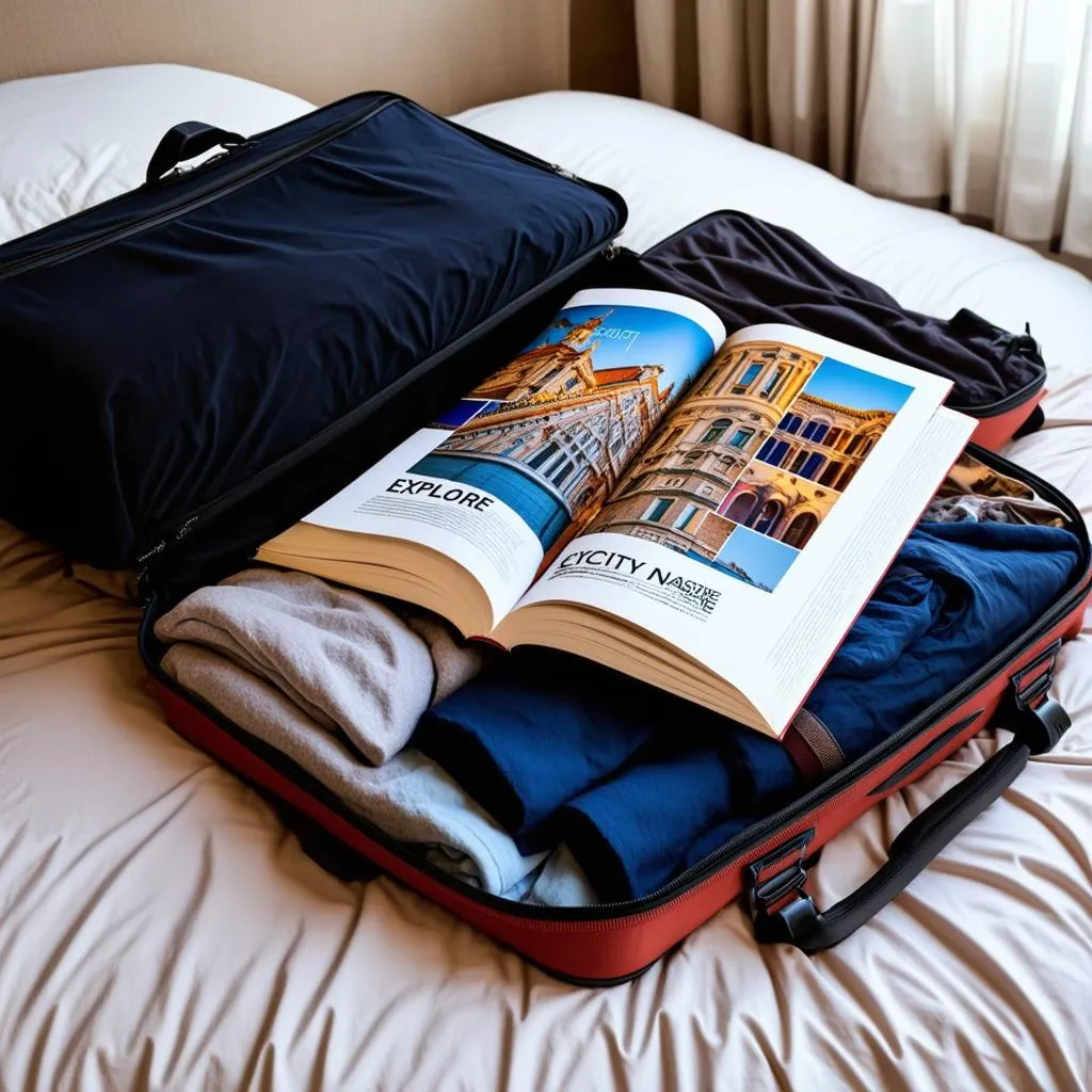 Open Suitcase With Travel Guide