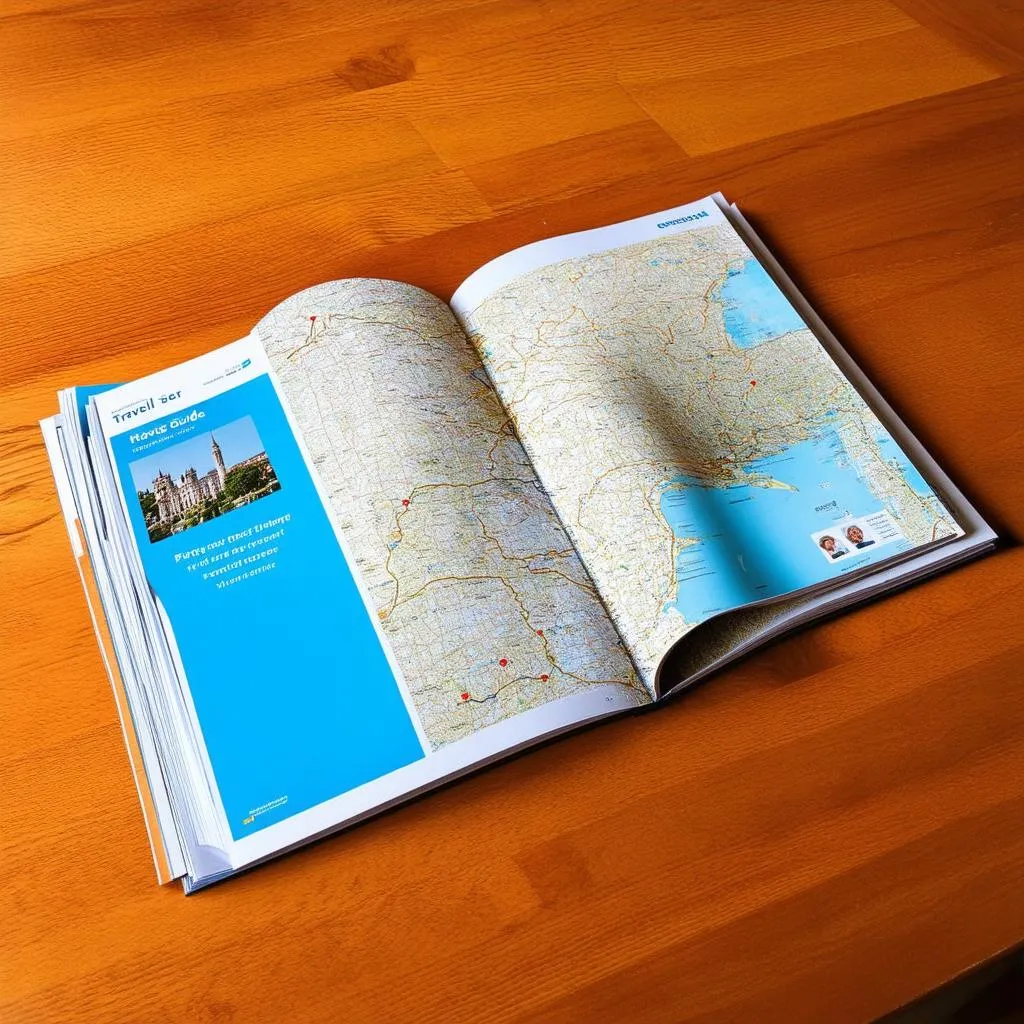 Open travel guide showcasing a map and destination highlights.