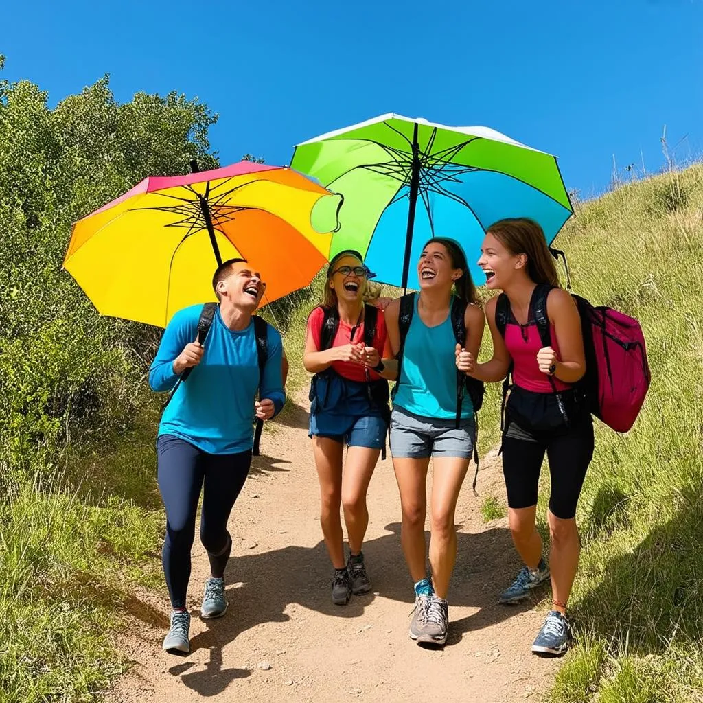 group of friends using travel head umbrellas