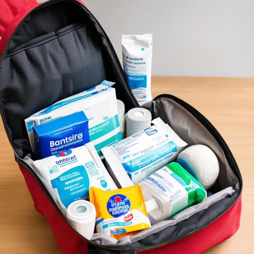 Open travel bag with medical supplies