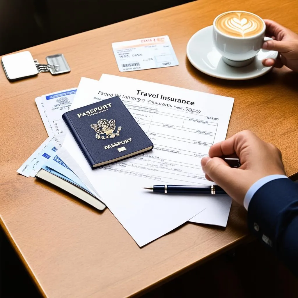 travel insurance policy with passport and tickets