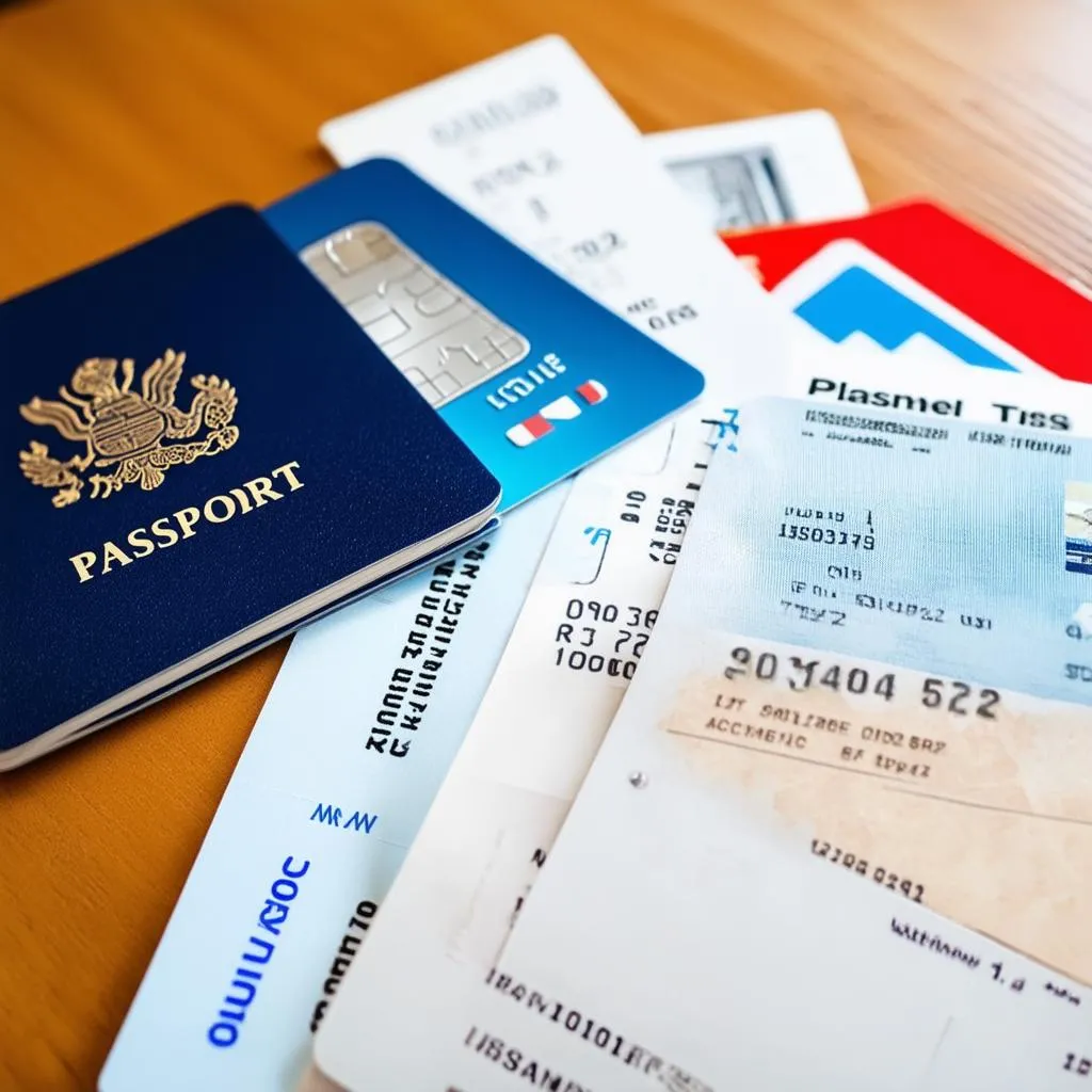 Passport, plane ticket, credit card and insurance document