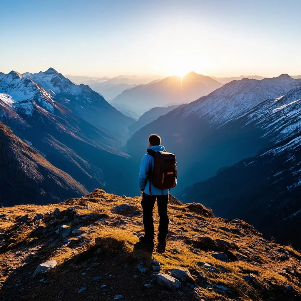 Traveler with Backpack Gazing at Mountain View