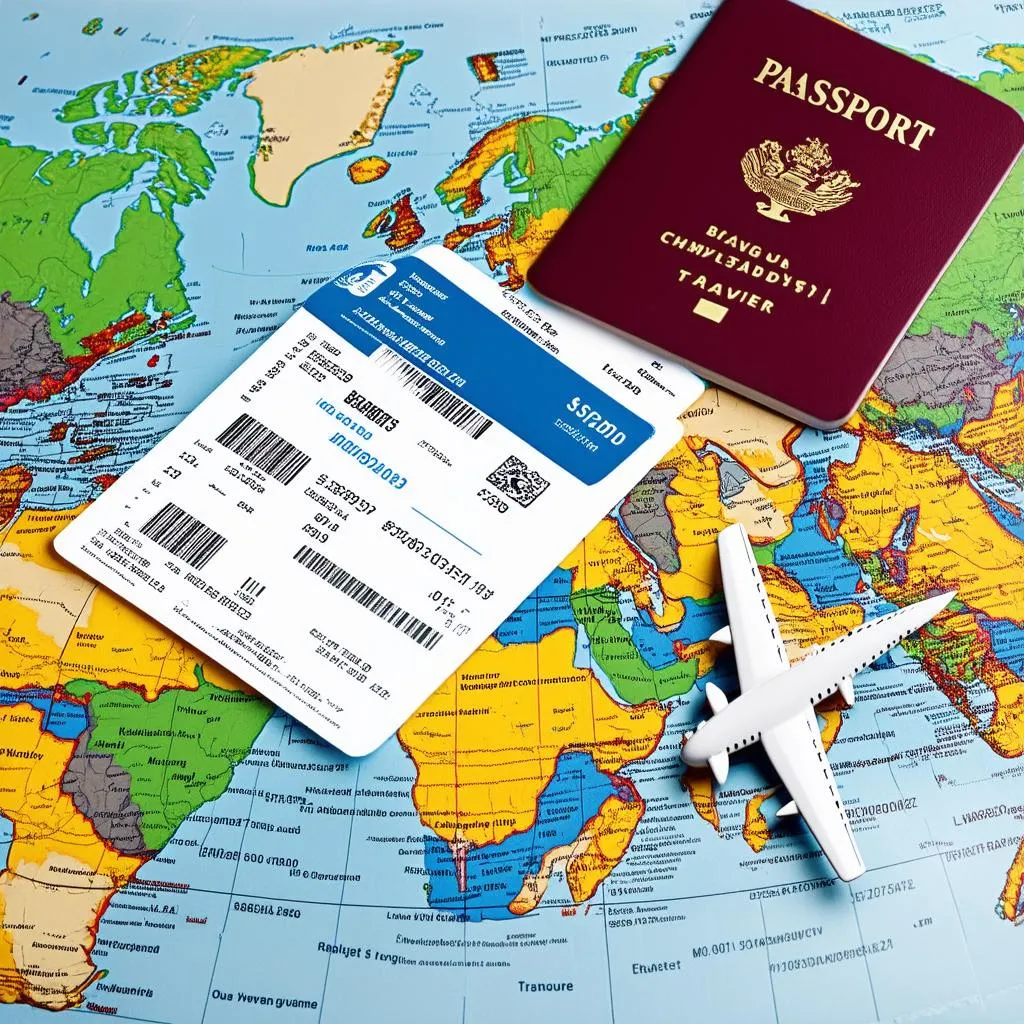 passport with travel insurance document and airplane 