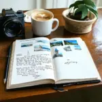 Open travel journal with photos and notes