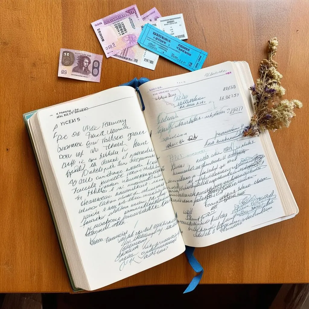 Open Travel Journal with Photos and Mementos