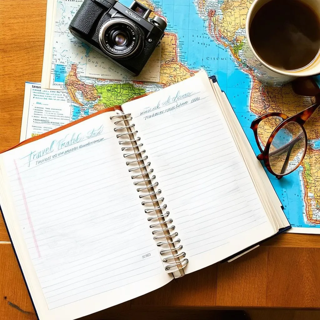 Open travel journal on a table with a map and a camera