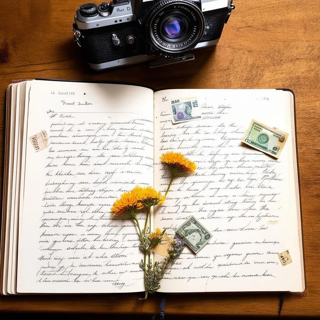 travel journal open with pressed flowers, ticket stubs, and handwritten notes.