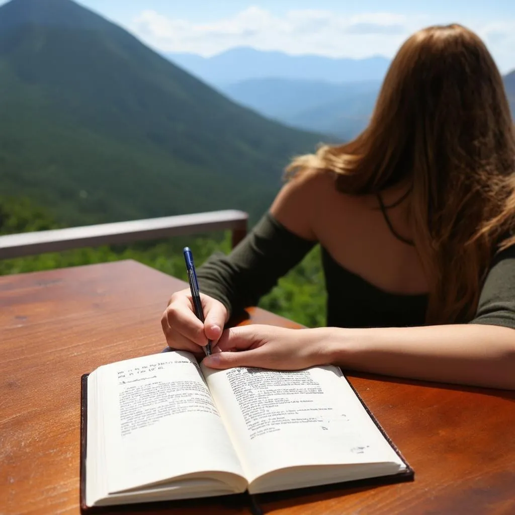 A woman writing in her travel journal with a scenic background