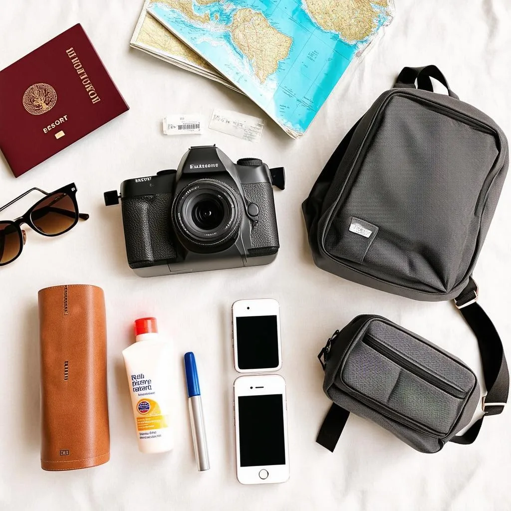 Travel essentials laid out on a table