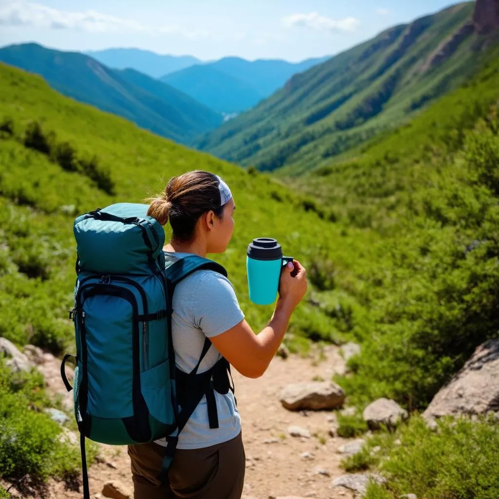 A person hiking in the mountains with a collapsible silicone travel mug